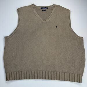 Polo Ralph Lauren 100% Cotton Tan Sweater Vest Navy Logo Size 2X